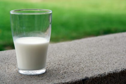 Pół szklanki mleka, stojąca na murku w ogrodzie